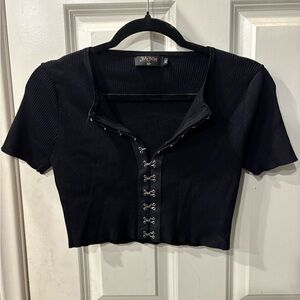 Black Ribbed Crop Top with Front Clasp